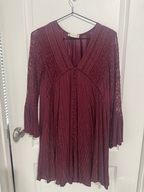 Altar'd State Burgundy Lace-Trim Button-Front Tunic